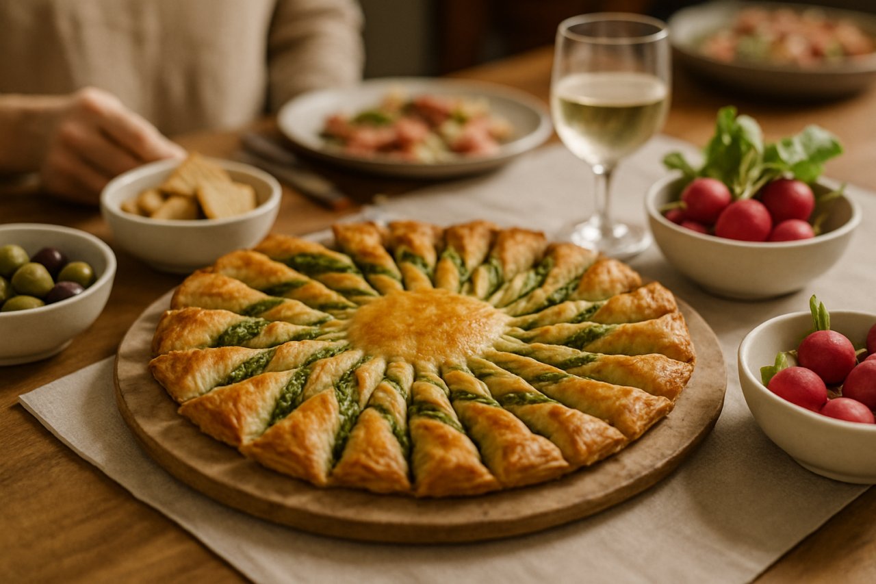 Croustillante, originale et facile à partager : cette tarte soleil au pesto de radis va devenir votre incontournable de l’apéro