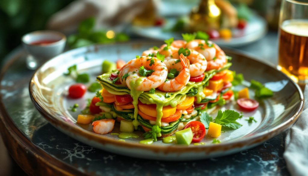 millefeuilles de crudités crevettes et vinaigrette au wasabi à l'apéritif dinatoire