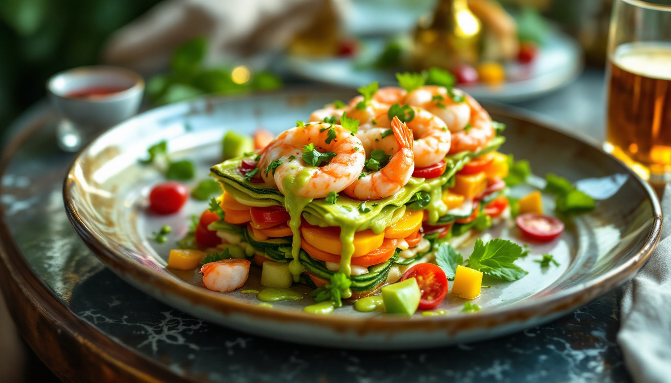 Ces millefeuilles de crudités, crevettes et vinaigrette au wasabi subliment l’apéritif dinatoire