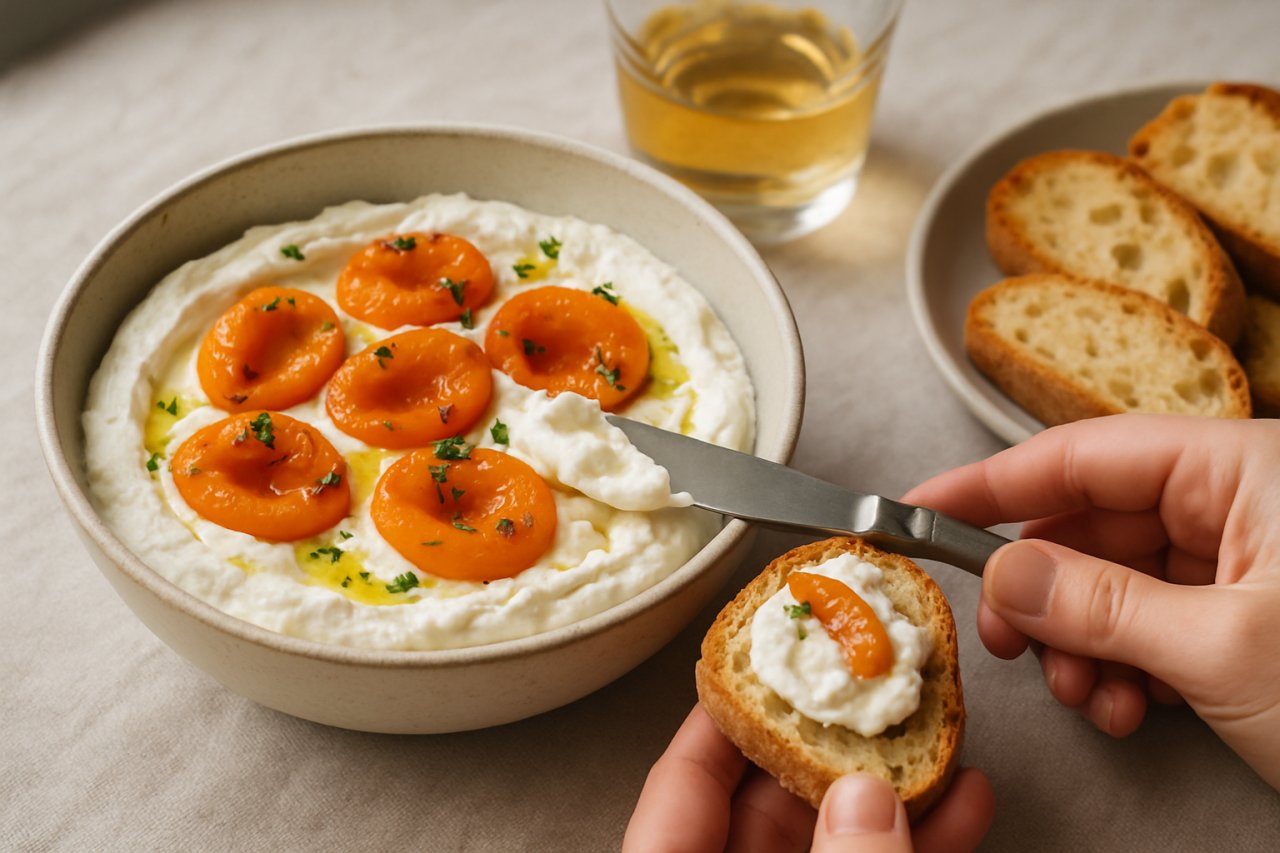 L’alliance inattendue de la feta fouettée et des abricots rôtis fait fondre tous les amateurs d’apéros gourmands