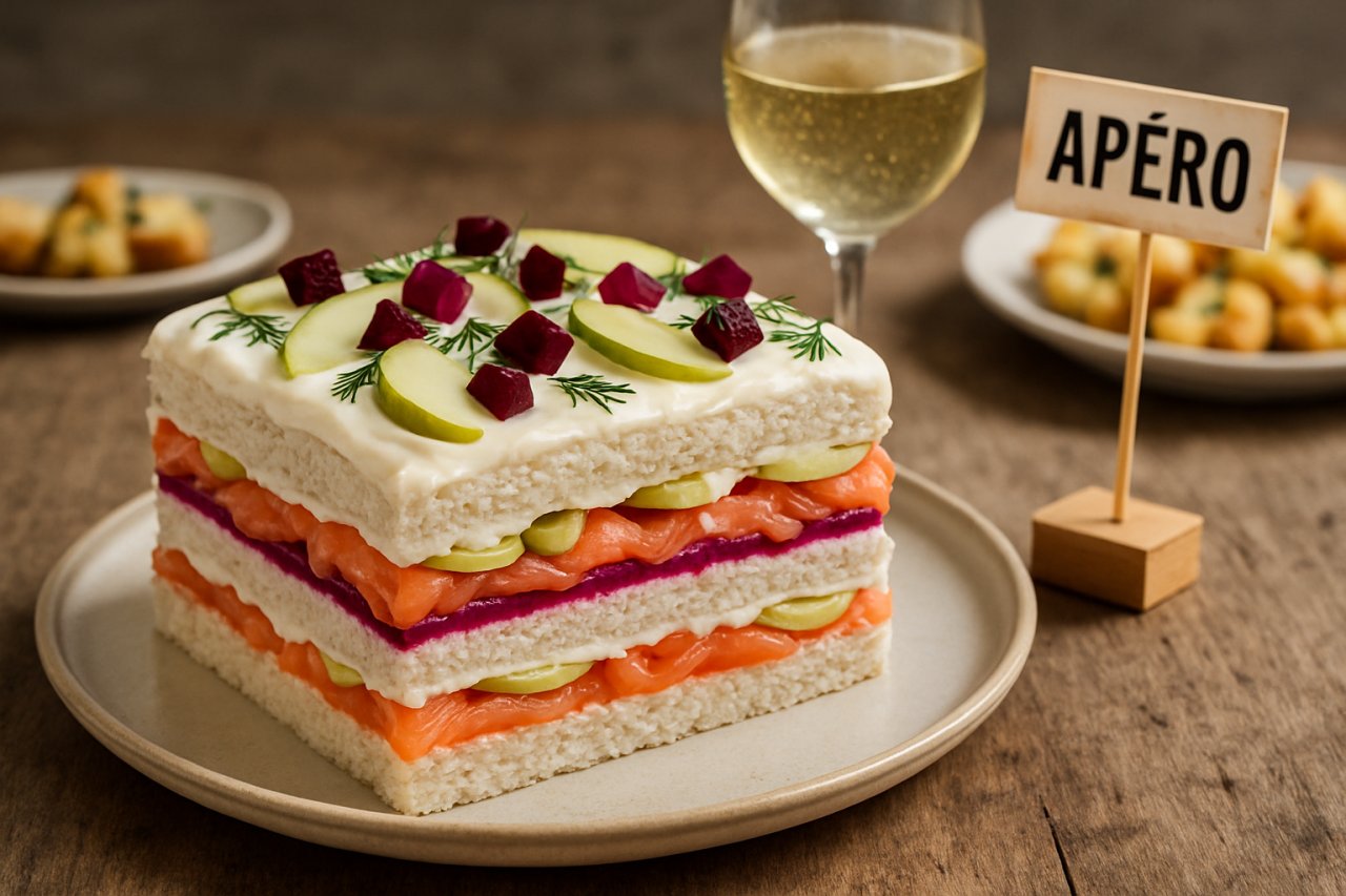 Ce sandwich-cake au saumon, betterave et pomme va épater vos invités à l’apéro dinatoire