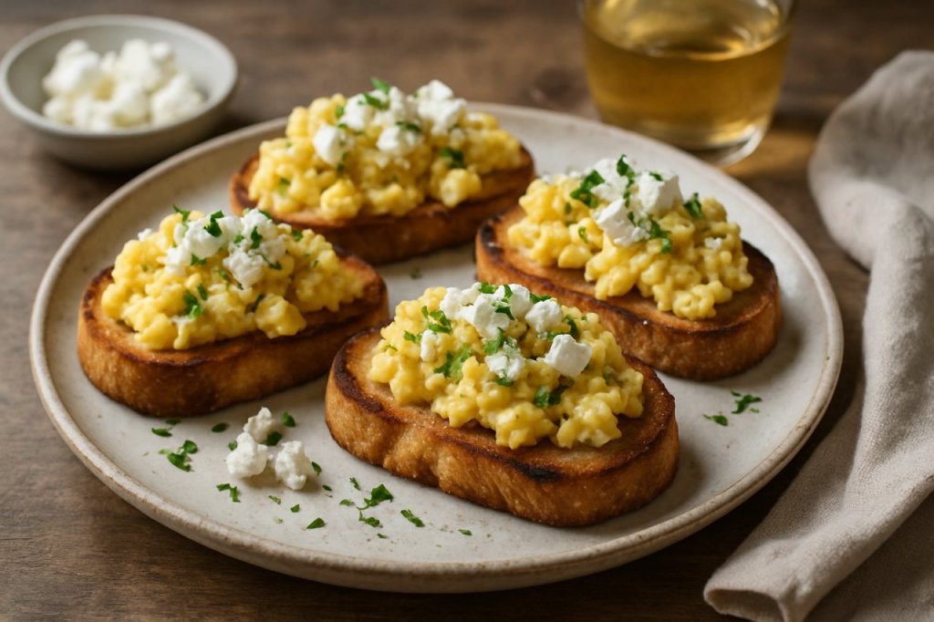 œufs brouillés et feta sur toasts apéro
