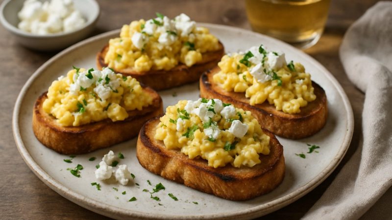 Ces toasts ultra-gourmands aux œufs brouillés et à la feta sont prêts à voler la vedette à l’apéro dinatoire